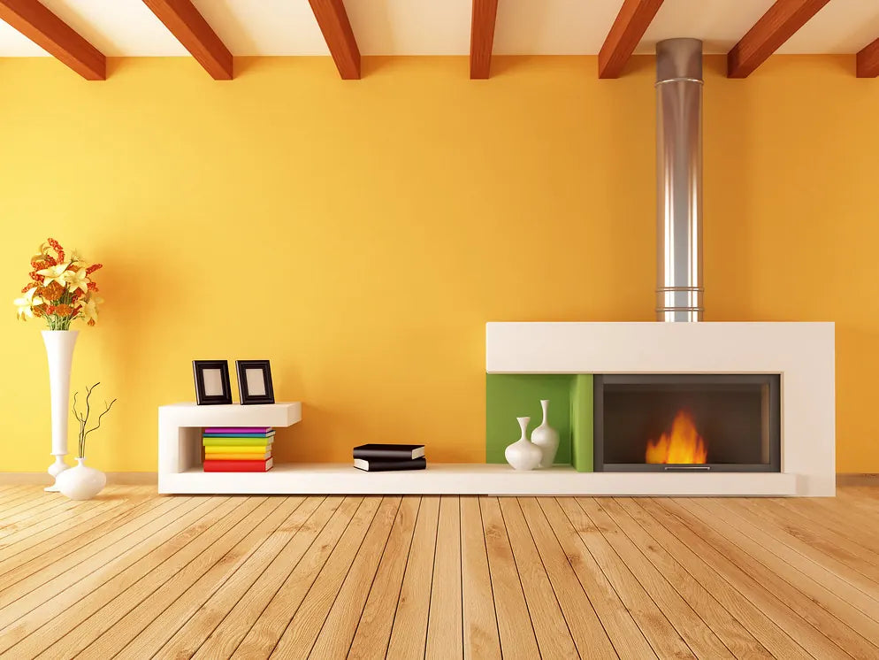 Estufa moderna en un salón luminoso